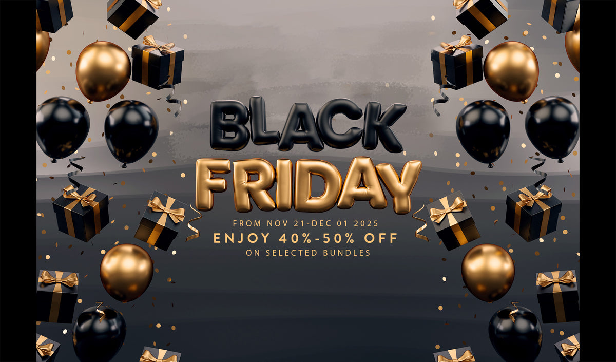 Black Friday promotional banner with balloons, gifts, and discount text on a dark background.