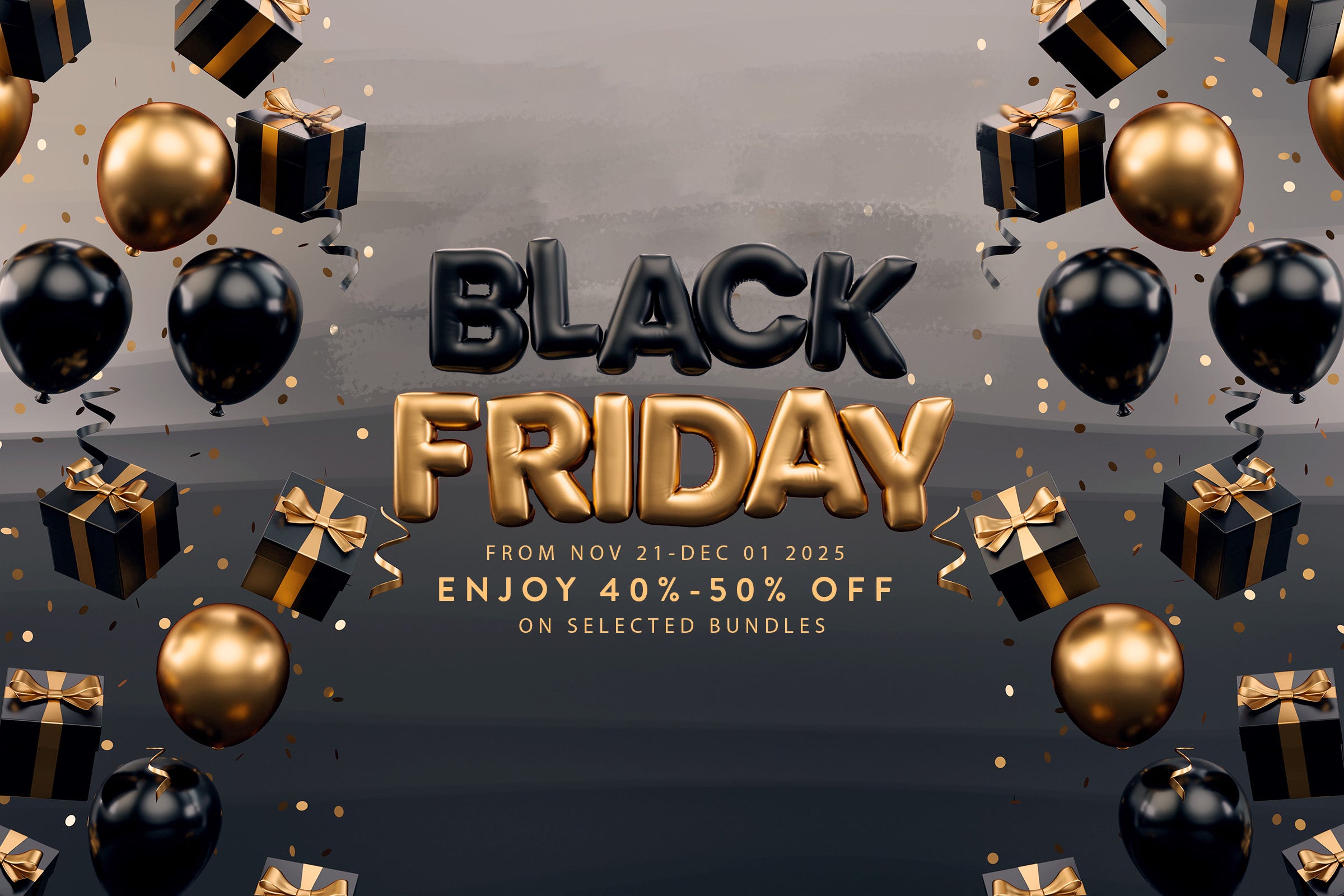 Black Friday promotional banner with gold and black balloons, gift boxes, and text on a dark background.